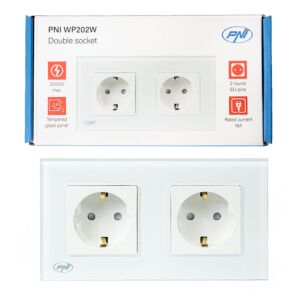 PNI WP202W ενσωματωμένη διπλή πρίζα, με γυάλινο πλαίσιο, 16A, 2X3000W, 230V, λευκό