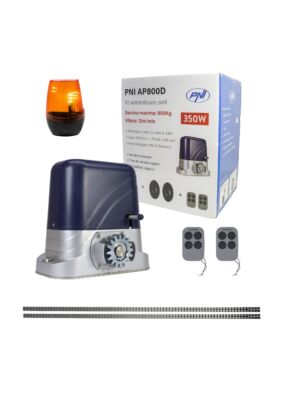 Το κιτ αυτοματισμού πύλης PNI AP800D περιλαμβάνει ράφι κινητήρα 4m, φωτοκύτταρα, τηλεχειριστήριο, λάμπα, 230V αναπτύσσουν 1100 N και 8