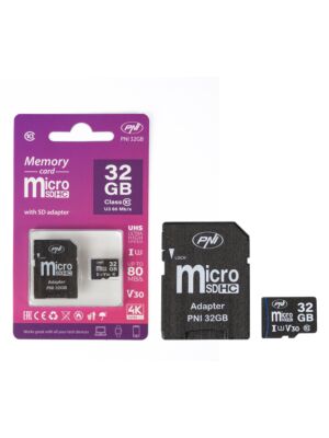 Κάρτα μνήμης MicroSD PNI 32 GB με προσαρμογέα SD, Class 10, 80 Mb/s, V30