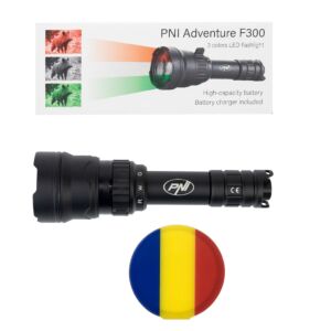 Φακός PNI Adventure F300 με 3-χρώμα LED, λευκό, κόκκινο, πράσινο, μέγιστο 10W, IPX6 + Σημαία Sticky Pad