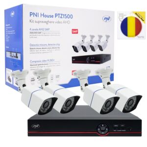 Πακέτο κιτ παρακολούθησης βίντεο AHD PNI House PTZ1500 5MP DVR - 4 κάμερες και αυτοκόλλητη σημαία Pad