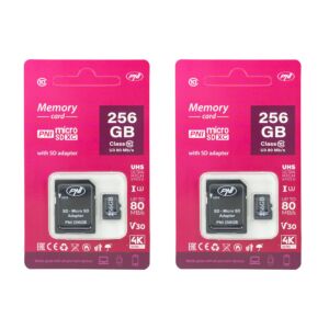 Πακέτο κάρτας μνήμης MicroSD PNI 256 GB 2 τεμαχίων με προσαρμογέα SD κατηγορίας 10, 80 Mb/s, V30
